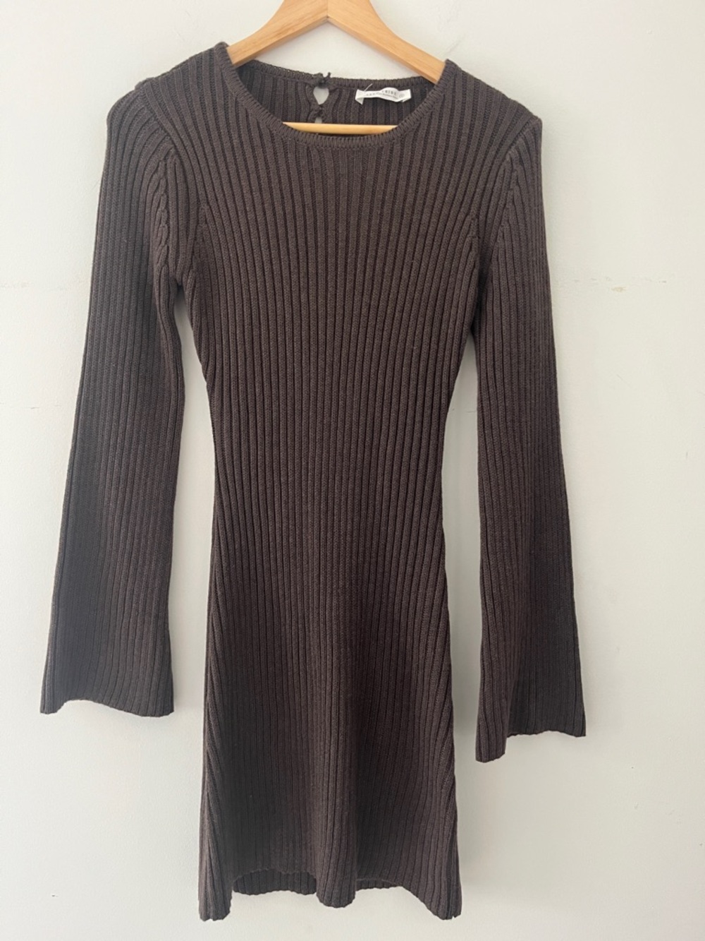 12th Tribe Brown Ribbed Long Sleeve Bodycon Dress wool blend bell sleeve mini